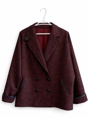 Vintage BHS Wool Burgundy Double-Breasted Cape Coat w Leather Trim Size 18